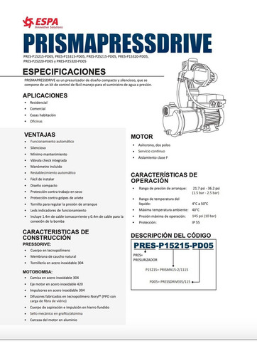 Presurizador Automatico Prisma15-3 + Pressdrive 3/4 Hp 115v