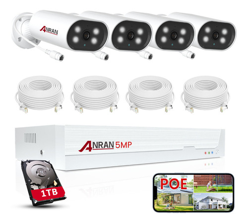 PoE Kit Cámara de seguridad Anran K04P7211 Cableado kit con resolución de 5MP visión nocturna y audio incluidos blanca