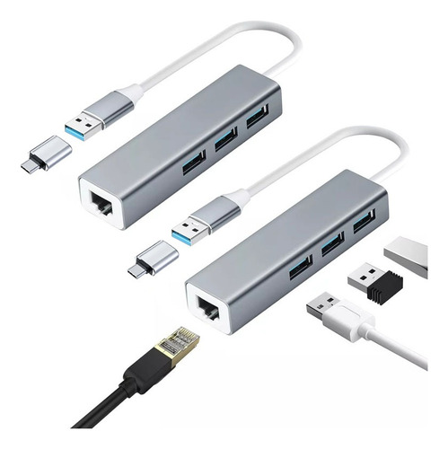 2pcs Adaptador Usb Ethernet C 3.0 Rj45 Red Lan Gigabit 4 En 1 Hub Multi-puerto Gitifo