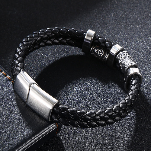 Pulsera De Cuero Trenzado Multicapa Para Hombre Nordic Vikin