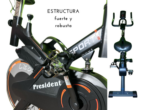 Bicicleta Spinning Fija President - Usuario 120kg - Disco De Inercia De 13 Kg - Estructura Robusta Y Resistente - Negro Y Naranja - Con Rueditas De Traslado, Niveladores De Piso Y Pedales Metalicos
