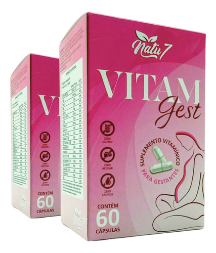 Kit 2 Vitamina Alimentar Vitam Gest 120 Cáps Natu7 Cápsula Grávida Natural Sabor Sem Sabor
