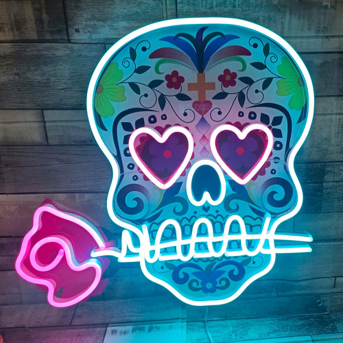 Calavera De Azúcar México Neon Luz Led Día Muertos Acrílico Color Azul