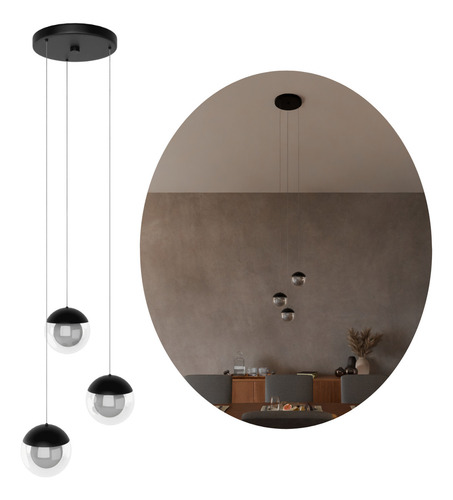Pendente Lustre Triplo Jabuticaba Globo Vidro Especial G9 Estrutura Preto Fosco Globo Transparente 127/220v