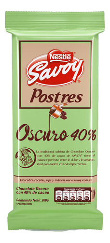 Chocolate Para Postres Oscuro 40% 200gr Savoy 