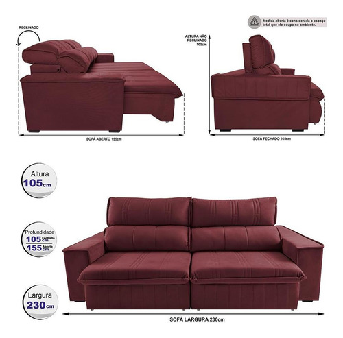 Sofá Retrátil Reclinável 2,30m Cama Inbox Flórida. Velusoft Cor Vinho