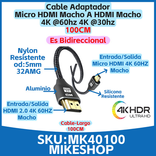 Cable Hdmi A Micro Hdmi 4k 60hz 18gbps Hdr 3d Trenzado 100cm