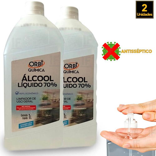 2 Unid Alcool Liquido 70% 1 Litro Antisseptico