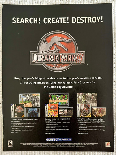 Anuncio Vintage Original Jurassic Park Iii Games - Gba