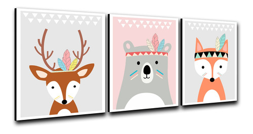 Imagen 2 de 3 de Triptico Cuadros Niños 40x30 Cms Set12 Venado Zorro Oso