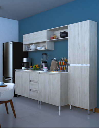 Cocina Integral Premium Decomobil Para Tarja Minimalista Color Encino Polar - Mármol Blanco