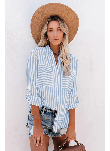 Blusa De Manga Larga Con Bolsillos A Rayas Con Botones Y Cue