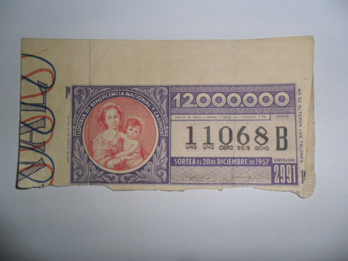 Billete Loteria Beneficencia Nacional Y Casinos 1957 Moneda