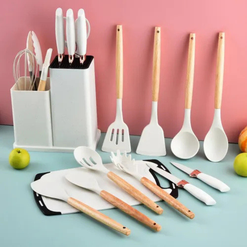 Set 19 Utensilios Cocina Mango Madera Punta Silicona Blanco