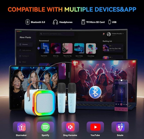 Parlante Portátil Bluetooth Karaoke Mini 2 Micrófonos Rgb Celeste