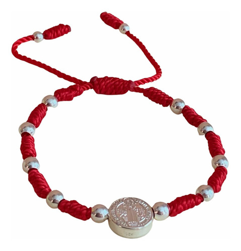 Pulsera Roja Protección Nudos Medalla San Benito Plata Ley