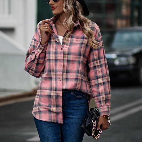 Camisa Tipo Cárdigan A Cuadros Con Cuello Camisero Mujer