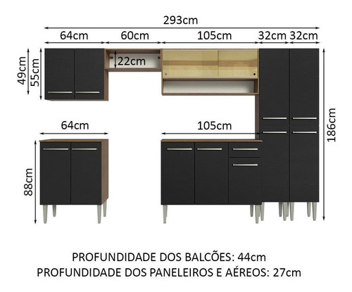 Cocina Integral Completa Modular Madesa Emilly 293cm 03 Color Marrón/Negro