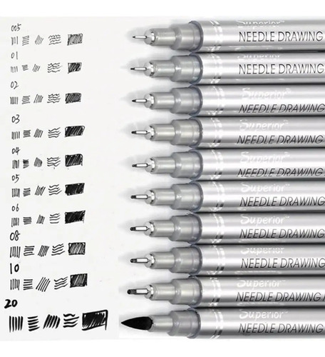 Marcadores Finos Color Negro Diferentes Medidas - 10 Unidades