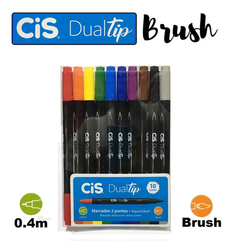 Marcador Pen Brush Dual Tip Duas Pontas 10 Cores Cis
