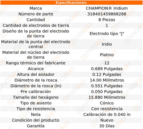 Set 8 Bujías Iridio Silverado 1500 V8 4.8l 99/09 Champion