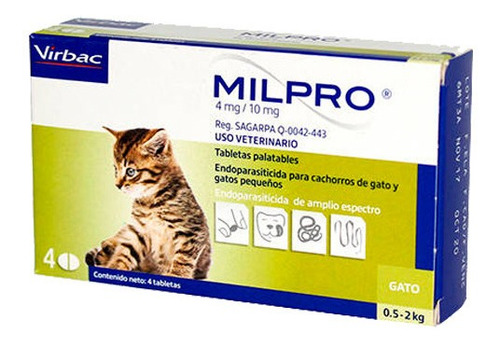 4 Tab Milpro Endoparasiticida Para Gato Chico 0.5-2 Kgs