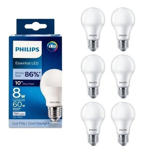      Foco Led Philips Ledbulb 8w E27 6500k Paquete 6 Piezas