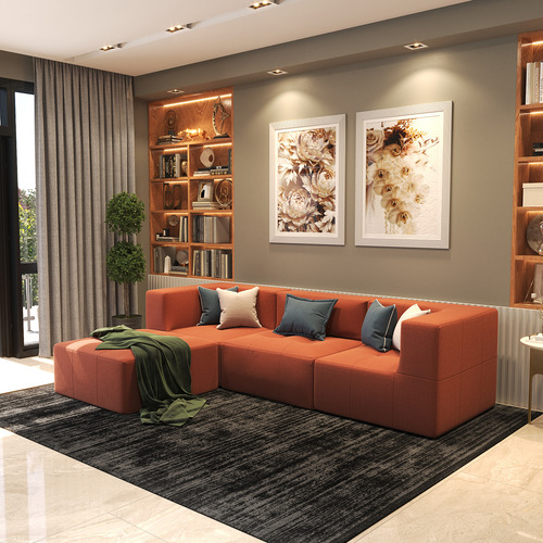 Puff Sofá Modular 2 Braços Terracota 3 Lugares E Chaise Bilateral Design Contemporâneo Na Caixa Ideal Para Salas Modernas