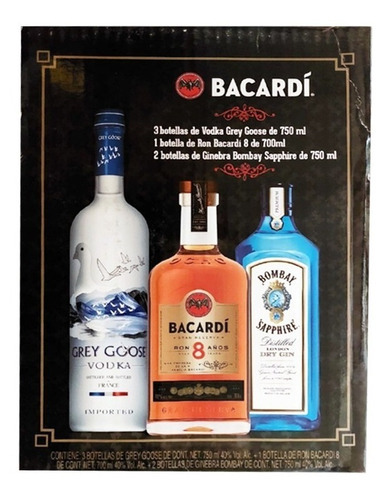 Pack 3 Bt Grey Goose 750+1 Bt Bacardi 8 +2 Bt Gin Bombay 750