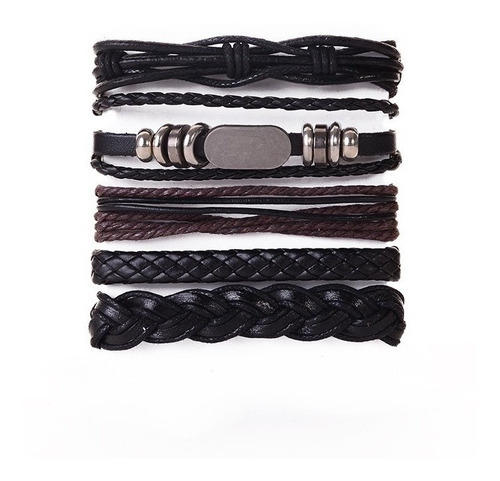 Conjunto Pulsera Brazalete Hombre Moda Cuero 5 En 1 Dije