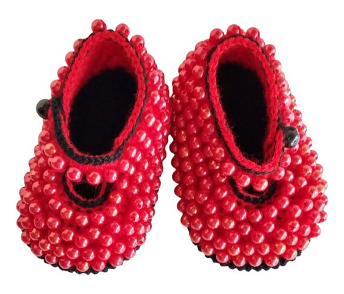 Zapatitos Perlas Bebé Tejidos A Crochet Color Rojo Y Negro