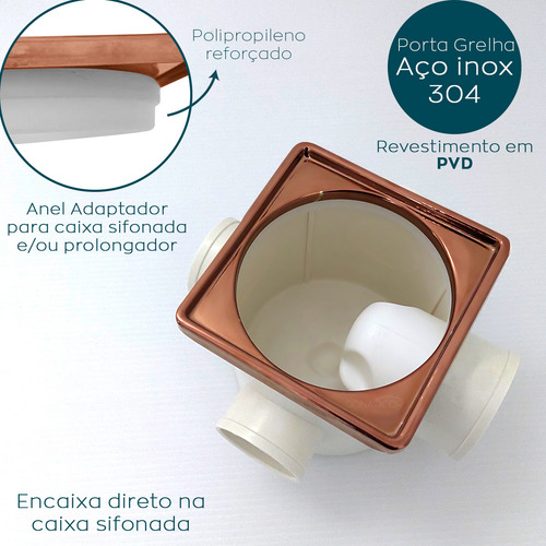 Porta Grelha Inox 304 E Ralo Click Rose Gold 10x10 Kit Banheiro Caixilho Suporte Com Ralo Inteligente Quadrado 10cm Tampa Caixa Sifonada Dona Dcor