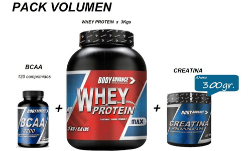 Pack Volumen. Whey Protein 3 Kg ( Proteína Pura ) + Bcaa 120 Comprimidos + Creatina 200 Gr. Body Advance