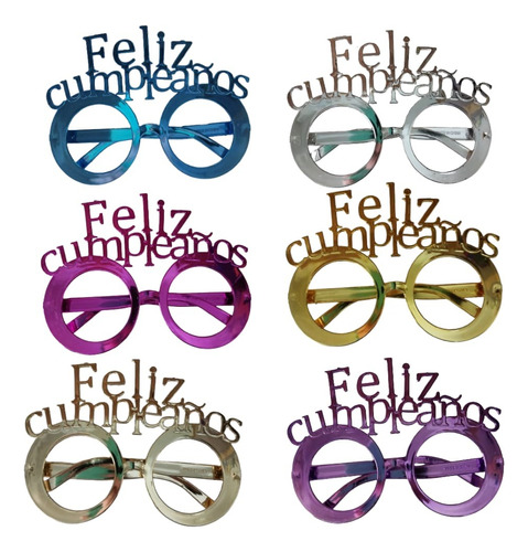 12 Lentes Anteojos Metalizados Feliz Cumpleaños