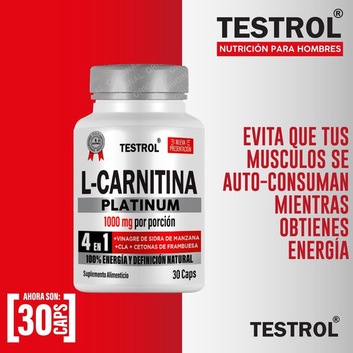 L-carnitina Platinum 1000mg | 4 En 1 | Testrol 30 Cap Sabor Sin sabor