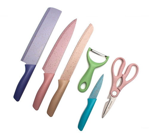 Set Cuchillos 6 Pzs Acero Inoxidable Mármol Mango Ergonómico Color Pastel