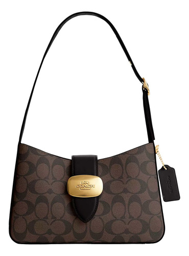 Bolsa Shoulder Bag Coach Eliza Diseño Monograma De Cuero  Marrón Con Correa De Hombro Negra Asas Color Negro Y Herrajes Dorado