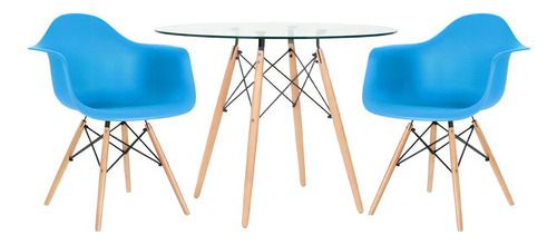 Mesa Eames Com Tampo Vidro 100 Cm + 2 Cadeiras Eiffel Daw Cor Azul-céu