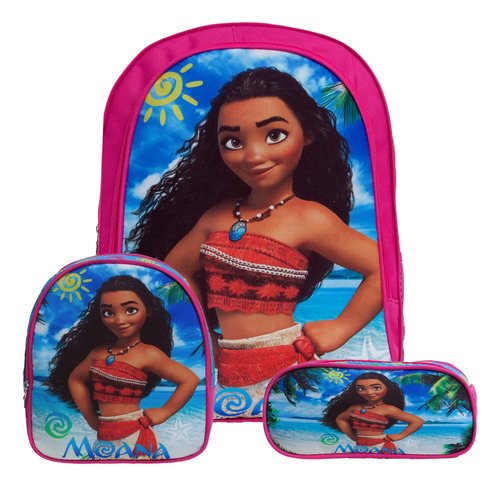 Mochila Escolar Moana Pua Grande Costas Kit Lancheira+estojo