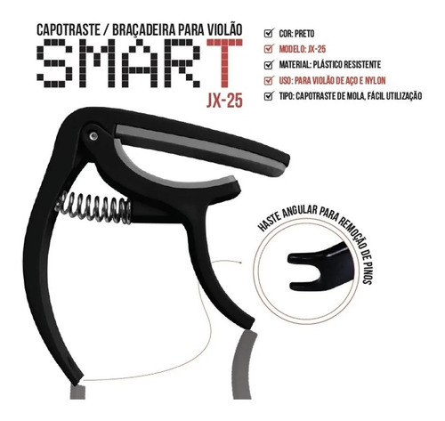 Imagem 6 de 7 de Capotraste Braçadeira Haste Angular Violão Smart + 6 Palheta