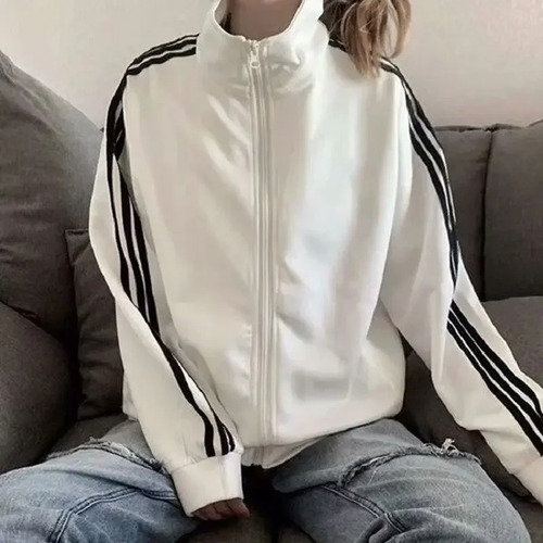 Chaqueta Con Cremallera A Rayas Para Mujer, Estilo Coreano, Corte Holgado