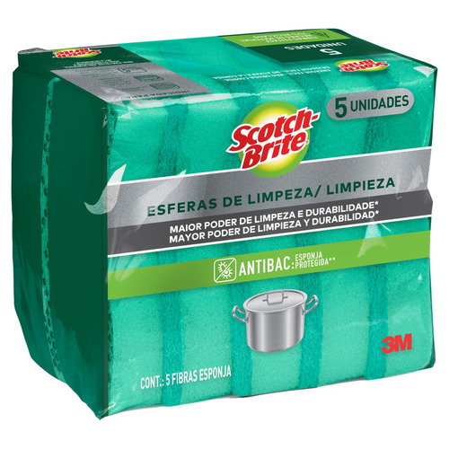 Esponja Scotch-Brite Antibac Esfera de Limpeza de fibras verde pacote x 5