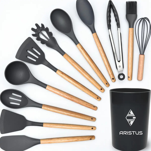 Kit 12 Utensílios De Silicone Com Cabo De Madeira - Marca Aristus Com Alta Resistência, Durável E Com Design Moderno, Perfeito Para Sua Cozinha Cor Cinza
