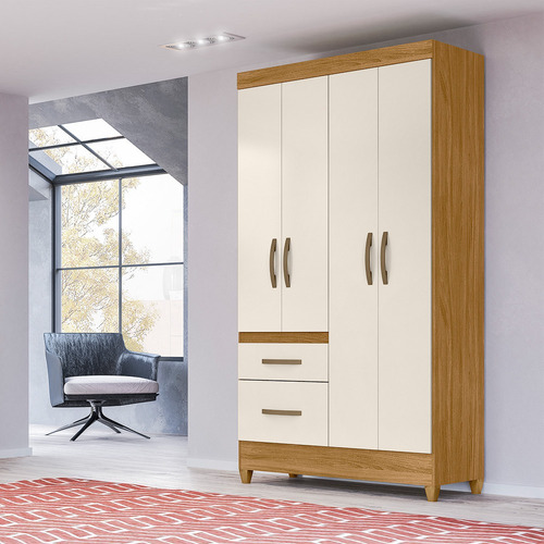 Placard Madri Moval Con 4 Puertas Y 2 Cajones color Freijo y Blanco