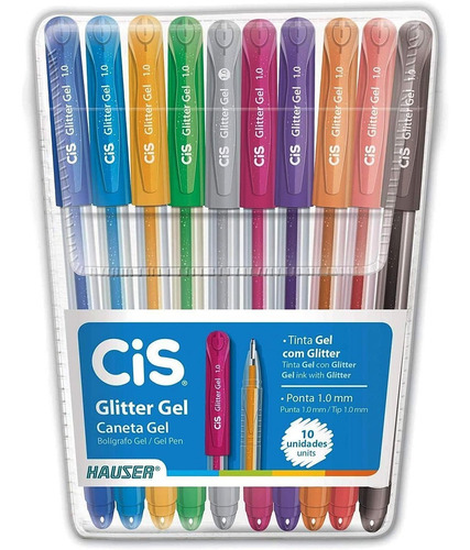 Imagem 1 de 7 de Kit Caneta Gel Glitter Gel Cis Estojo Com 10 Cores Sortidas