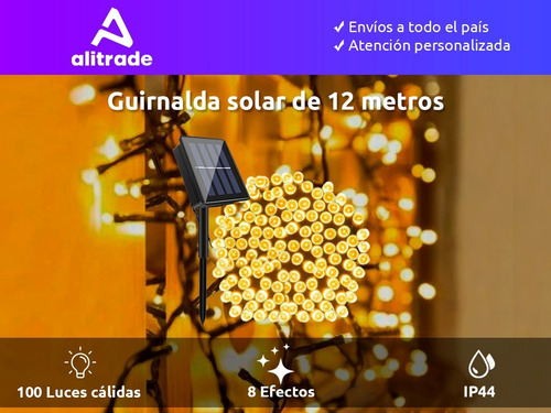 Imagen 2 de 10 de Luces Navidad Exterior Solares Guirnalda Led 100 Luces 12mts