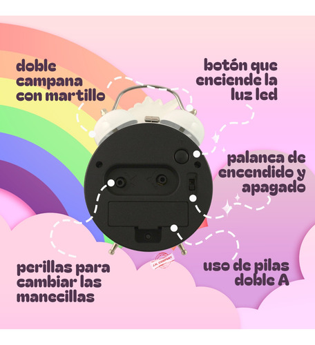 Reloj Despertador Doble Campana Luz Unicornio Kawaii 12021