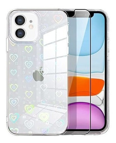 Funda Par A Iphone11 + Protec. Pant. Corazones Brillo Laser