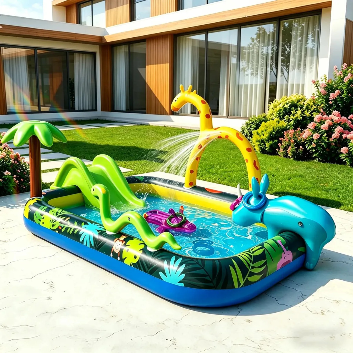 Piscina Infantil Inflável  Com Escorregador E Spray D'água Verde