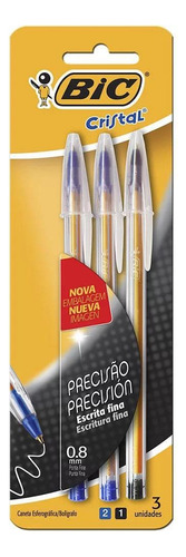 Kit 3 Canetas Esferográficas Bic Cristal Ultra Fine Cor da tinta 2 Azul 1 Preta